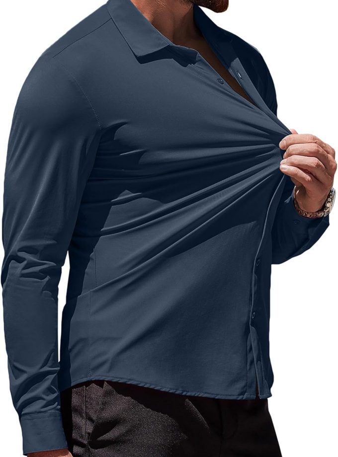 Men's Muscle Fit Dress Shirts Wrinkle-Free Long Sleeve Casual Button Down Shirts
