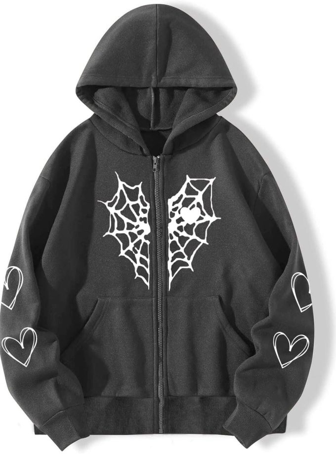Full Zip Up Hoodies men Gothic Spiderweb Heart Graphic Hoodie Vintage Punk Harajuku Style Sweatshirts Streetwear