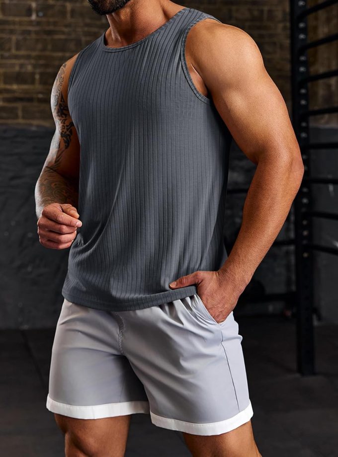 Men's Ribbed Tank Tops 2 Pack Knit less Workout T Shirt Muscle Gym Fitness Tee